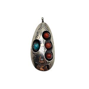 Vintage Navajo Clarence B. Tom? Sterling Silver Pendant Coral Turquoise Stones